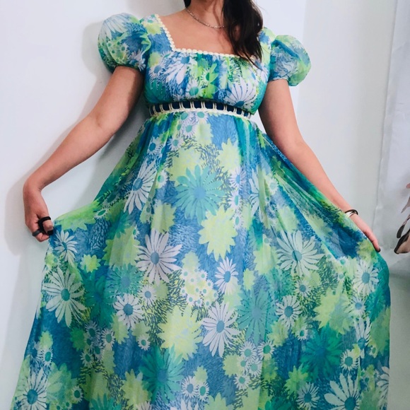 Vintage 1960’s Floral Teal Blue Chiffon Maxi Dress - Picture 2 of 13
